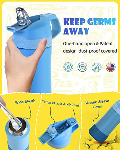 FJbottle 14 oz Kids Insulated Stainless Steel Water Bottle with Straw Lid and Silicone Protective Cover, New Anti-Colic with AirFree Vent Technology Patent Design Care for Kids, BPA Free, Sky Blue