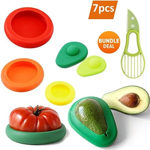 BUNDLE 7PCS Reusable Silicone Food Savers and Food Storage Avocado Set of 4 Fruits and Vegetables Including 2 Sizes Avocado Savers &amp; BONUS 3 in 1 Avocado Slicer
