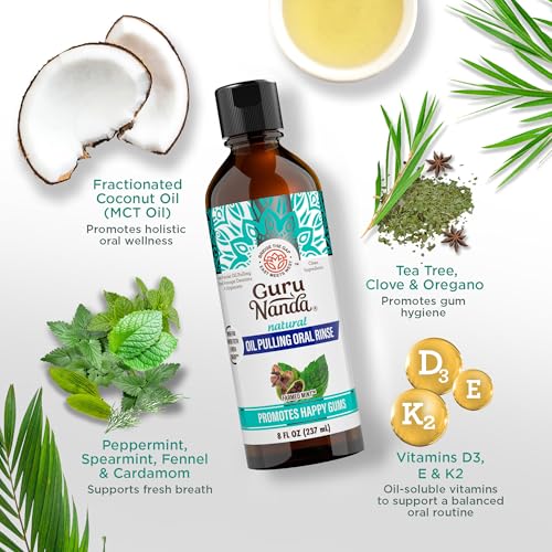 GuruNanda CocoMint Oil Pulling Mouthwash for Complete Oral Hygiene, 7 Essential Oils & Vitamins for Happy Teeth & Gums & Fresh Breath with Toothbrush & Tongue Scraper, Alcohol & Peroxide Free, 8 oz