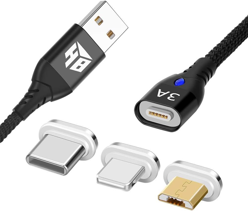 Hemamba USB to iOS, USB-C and Micro USB Magnetic 3 in1 Cable. High Speed 3A Magnetic 3 in 1 Cable. The Worlds First 3A Magnetic Cable Supporting Quick Charge 2.0, 3.0 and 4.0. (6.6 feet)