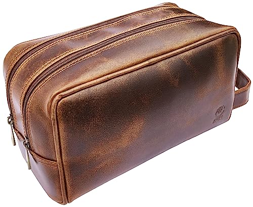 RUSTIC TOWN Leather Toiletry Bag for Men - Travel Shaving Ditty Kit - Bathroom Shower Toiletries Organizer - Leather Cosmetic Bag for Women (Antique Brown)