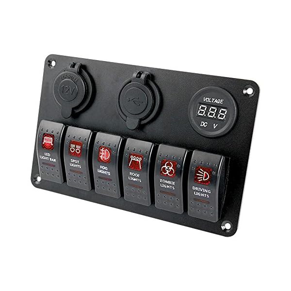 Proelectric-Red-LED-Light-1-Waterproof-MarineBoat-Car-Switch-Panel-6-Gang-USB-Charger-Voltage-Indicator-Power-Socket-5-pin-On-Off-Rocker-Switch