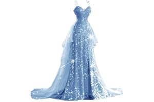 YUAOHUANG Sequin Prom Dresses for Women 2025 2 Piece Spaghetti Straps Sparkly Tulle Wedding Dresses Long Pageant Dresses