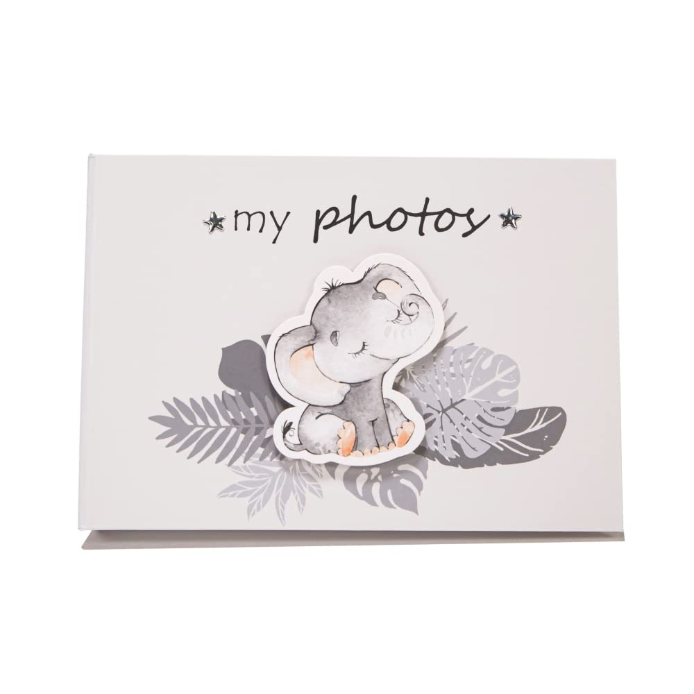 Happy Homewares Cute Baby Elephant Photo Album Grey with Silver Stars and Palm Leaves