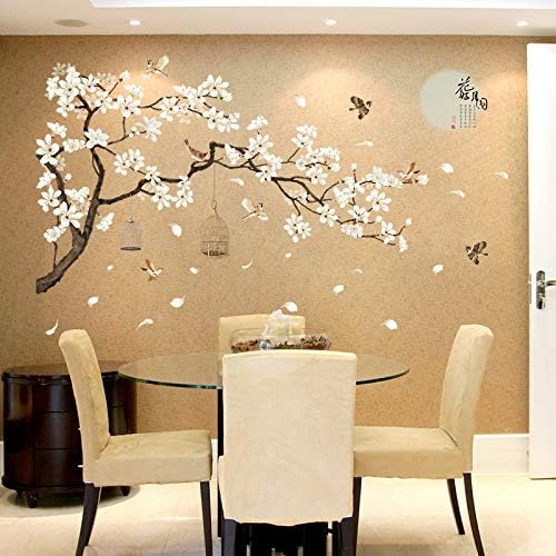 White Cherry Blossom Wall Art Stickers Removable Mural Decals Tree and Birds Decor Vinyl Adhesive