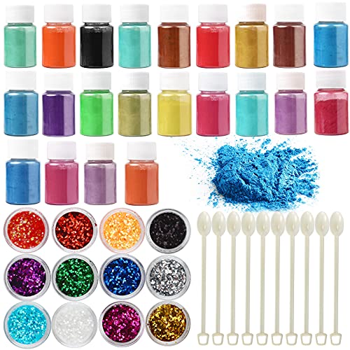 34-Color Epoxy Pigment Set of Mica Powder Colorant, Chunky Glitters, Stirring Spoons