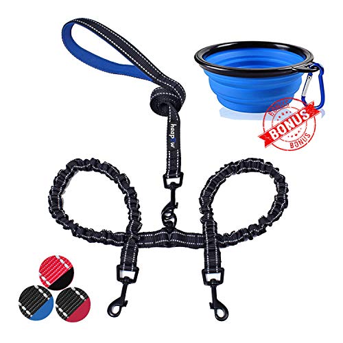 haapaw Two Dog Leash Coupler - 2 Dog Leash Tangle Free, Stretchable from 20 to 35 Inch – Comfortable Handle Dual Dog Leash for 2 Dogs with a Free Collapsible Dog Bowl (Black/Blue, 0-30lbs Dogs)