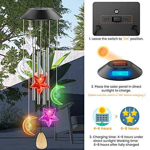 PUISUIT Solar Wind Chimes for Outside, LED Changing Color Memorial Wind Bell for Garden, Patio, Yard, Party Decoration, Waterproof, 25 Inch Low Tone(Moon and Star)