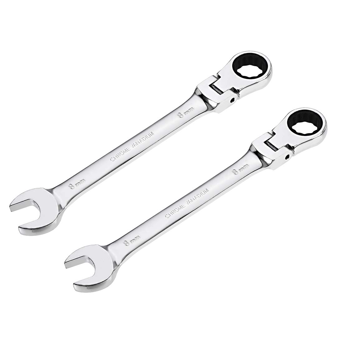 sourcing map 2 Pcs 8mm Flex-Head Ratcheting Combination Wrench Metric 72 Teeth 12 Point Rachet Box Ended Spanner Tools, Cr-V