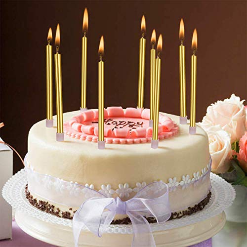 36 Pcs Party Long Thin Cake Candles Metallic Birthday Candles in Holders for Birthday Wedding Party Cake Decorations (Gold Silver Champagne)