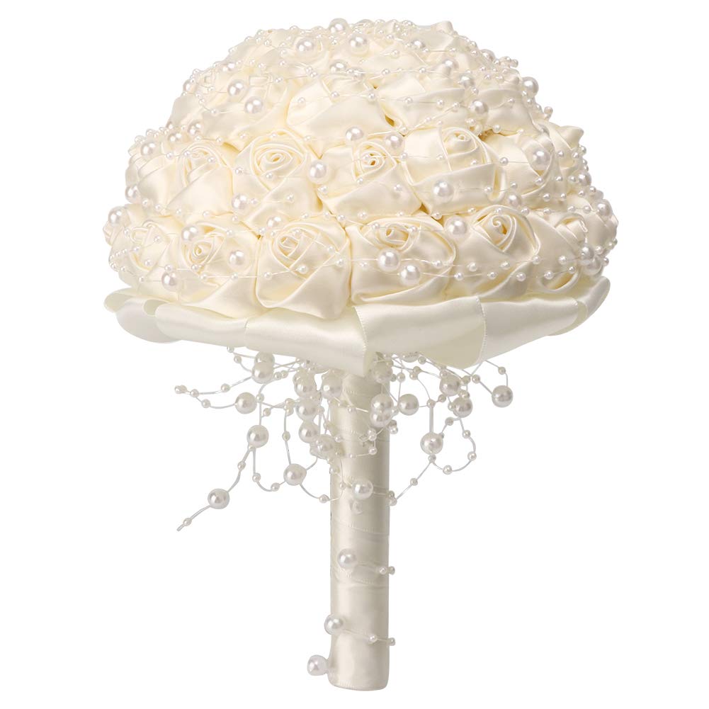 mumisuto Hand Made Wedding Flowers Bridal Bouquets Crystal Bride Holding Bouquet White Ivory Satin Roses with Diamond Pearl Ribbon