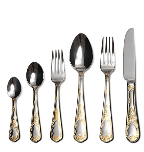 Italian Collection 'Florence' 75-PÑ Premium Flatware Set w/Wooden Storage Case, Dining Cutlery Service for 12, 24K Gold plated 18/10 Stainless Steel Hostess Serving Set in a Chest