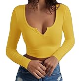 Artfish Women's Long Sleeve Scoop Neck V Notch Ribbed Slim Fitted Casual Basic Crop Top