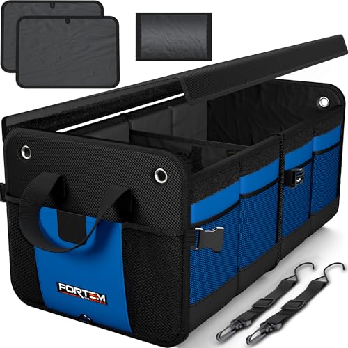FORTEM Kofferraum Organizer, Kofferraumtasche, Zusammenklappbarer Auto Organizer Kofferraum mit Fächern, Rutschfester Boden, Verstellbare Sicherungsri