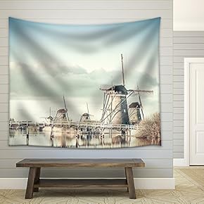 Traditional Vintage Holland Landscape with Windmills, Kinderdijk - Fabric Wall Tapestry Home Decor - 51x60 inches