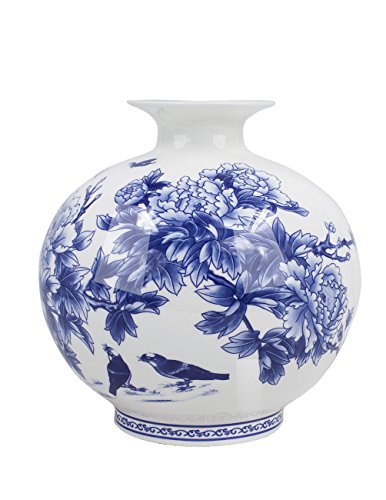 Dahlia Birds in Peony Bush Blue and White Bone China Flower Vase, Pomegranate Vase