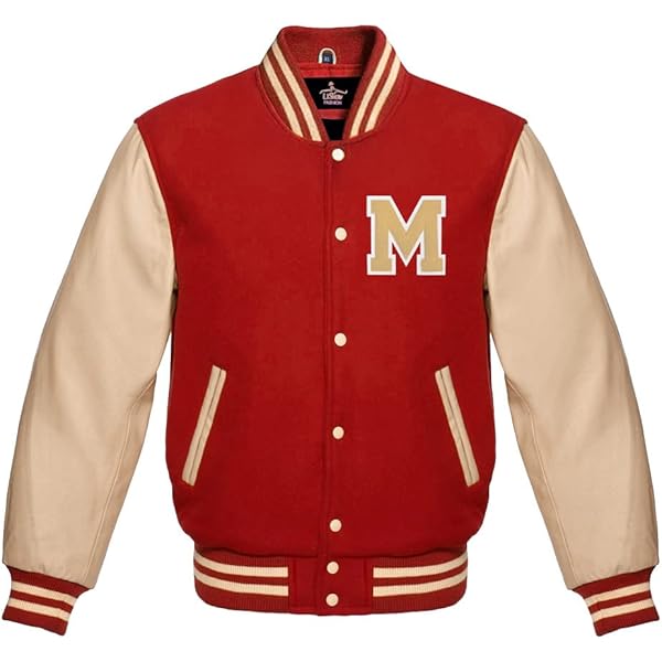 Men's Varsity Baseball Letterman Bomber Red Wool & Cream Genuine