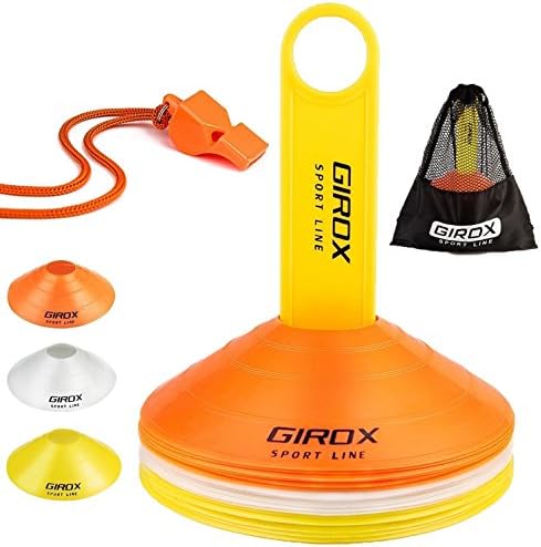 Soccer Training 8 Inch Disc Cones Set by Girox Sport-Includes 21 Agility Cones, Yellow Carrying Stand for Practice Soccer Cones, Carrier Mesh Bag and a Coach Whistle