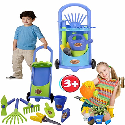 Liberty Imports Junior Gardening Trolley Play Set Garden Hand Tools with Rake, Shovel, and Bucket Set