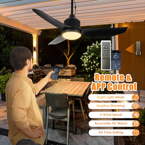 Depuley Outdoor Ceiling Fan with Light: 42 Inch Black Waterproof Gazebo Fans with Lights Outdoor Hanging - Plug in Remote App Control for Patios Indoor Farmhouse Porch - 6 Speed Reversible DC Motor