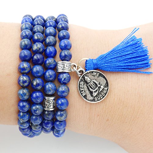 Mala Beads Bracelet, Buddhist Mala Prayer Beads, Buddha Bless Me Statement Necklace (Lapis)