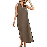 Linen Dresses for Women 2026 V Neck Lapel Summer Tank Sundresses with Side Slit Casual Sleeveless Long Shirt Dress
