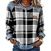 dsumvns Womens Denim Plaid Sweatshirt Crew Neck Long Sleeve Color Block Sweatshirt Casual Loose Pullover Top