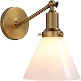 PERMO Industrial Vintage Slope Pole Wall Mount Single Sconce with Funnel Flared Milk White Glass Shade Wall Sconce Light Lamp