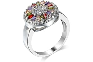 Lozeux Silver Plated Colorful Flower Ring Created Garnet Amethyst Morganite Peridot Cubic Zirconia Filled Engagement Wedding Proposal Promise Band for Women Lovers Romantic