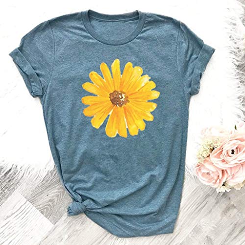 Respctful ♫♫Sunflower Tops Clothes for Women Floral prin Graphic Print Short Sleeve Casual Tees Tops Blue - Thumbnail 2