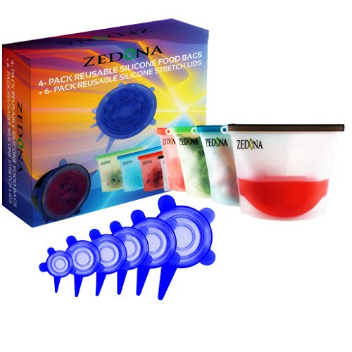 Zedona Reusable Silicone Food Storage Preservation Bags & Silicone Stretch Lids, Eco- Friendly Food Wraps & Covers, Airtight Zip Seal Food Saver Containers, Dishwasher & Refrigerator Safe, Sous Vide