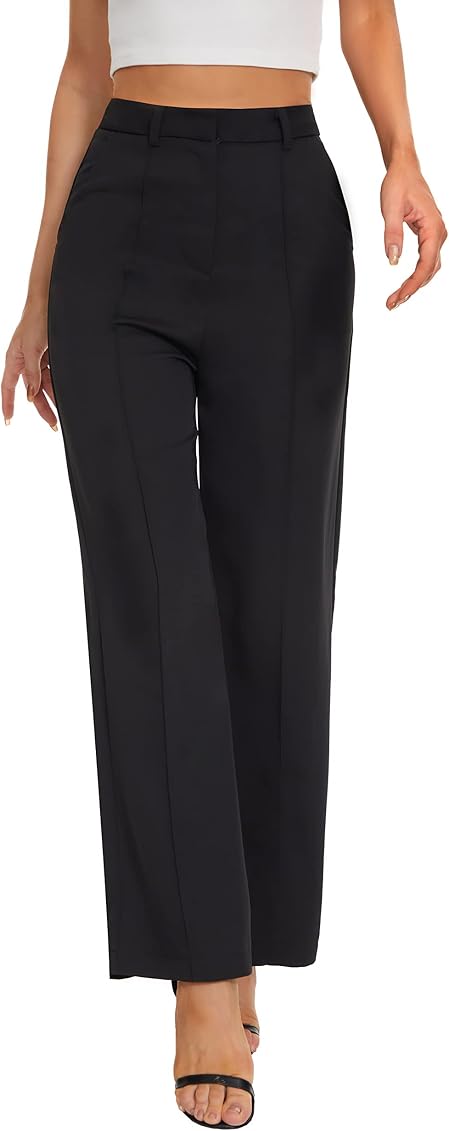 FUNYYZO Women Causal Trousers High Waisted Wide Leg Pants for Summer Solid  Stitch Long Straight Black at Amazon Women's Clothing store