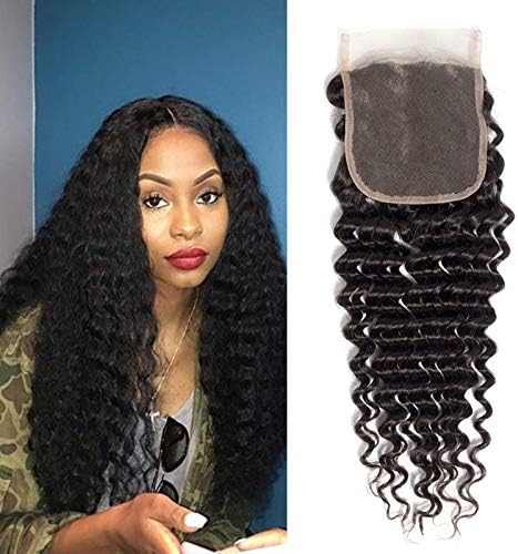 Brazilian Virgin Human Hair Deep Wave Lace Closure 4x4 Free Part 100% Unprocessed Virgin Deep Curly Human Hair Lace Closure Natural Black Color (14Inch