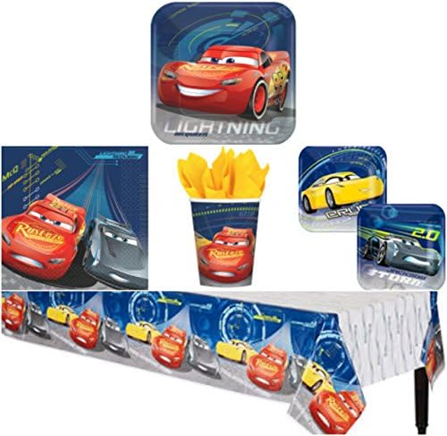 Cars 3 Birthday Party Supplies Pack for 8 Guests - Lunch Plates, Dessert Plates, Lunch Napkins, Cups, and a Table Cover