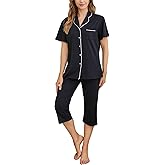 Tugege Capri Pajamas Set Womens Button Down Short Sleeve Lounge Sets Sleepwear Notch Collar Top & Capri 2 Piece PJ Sets