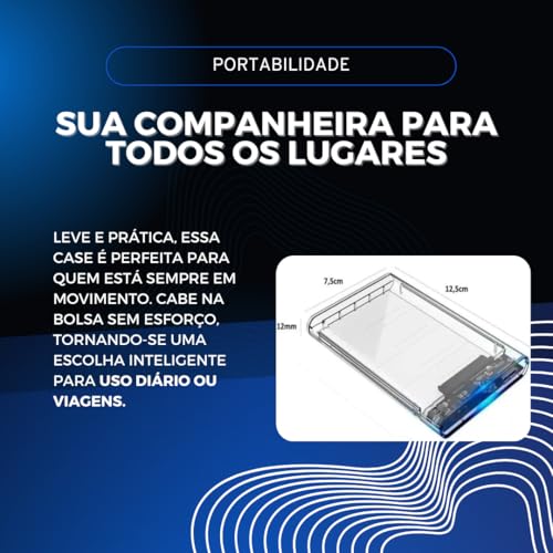 Case Externa 2.5" Alta Velocidade USB 3.0 e Sata 3, Transmissão 6Gbps, Suporte até 3TB, Design Transparente