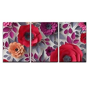 3 Piece Canvas Wall Art - Illustration - 3D Render, Digital Illustration, Red Pink Paper Flowers, Bridal Bouquet - Modern Home Art Stretched and Framed Ready to Hang - 16"x24"x3 Panels