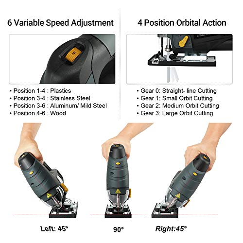 Ginour 7.0A 3000SPM Jigsaw with Laser Guide & LED, 6-level Variable Speed, Bevel Angle (0°-45°), Jig Saw Set With 3PCS Blades, Scale Ruler and Carrying Case - Thumbnail 3