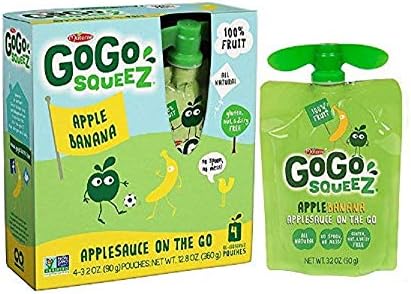 GoGo squeeZ Applesauce, Apple Banana, 3.2 Ounce (4 Pouches), Gluten Free, Vegan Friendly, Unsweetened Applesauce, Recloseable, BPA Free Pouches