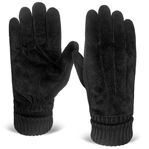 LETHMIK Mens Black Winter Gloves Suede Leather Knit Cuff with Warm
