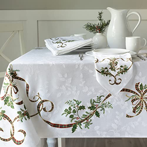 Benson Mills Merry Ribbons Engineered Printed Jacquard Fabric Christmas Table Cloth, Elegant Christmas Tablecloth for All Holiday and Winter (60 x 84 Rectangular)