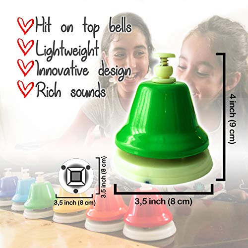 MiniArtis Desk Bells Set for Kids | 8 Notes Diatonic Colorful Metal Hand Bells | Hit on Top Feature | Musical Songbook & Carry Case Included | Great Holiday Birthday Gift for Children