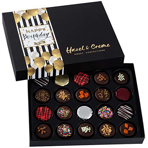 Hazel & Creme Happy Birthday Cookie Gift- Birthday Food Gift – 20 Chocolate Covered Cookies – Chocolate Gift Box – Variety Gourmet Food Gifts (20 Cookies)