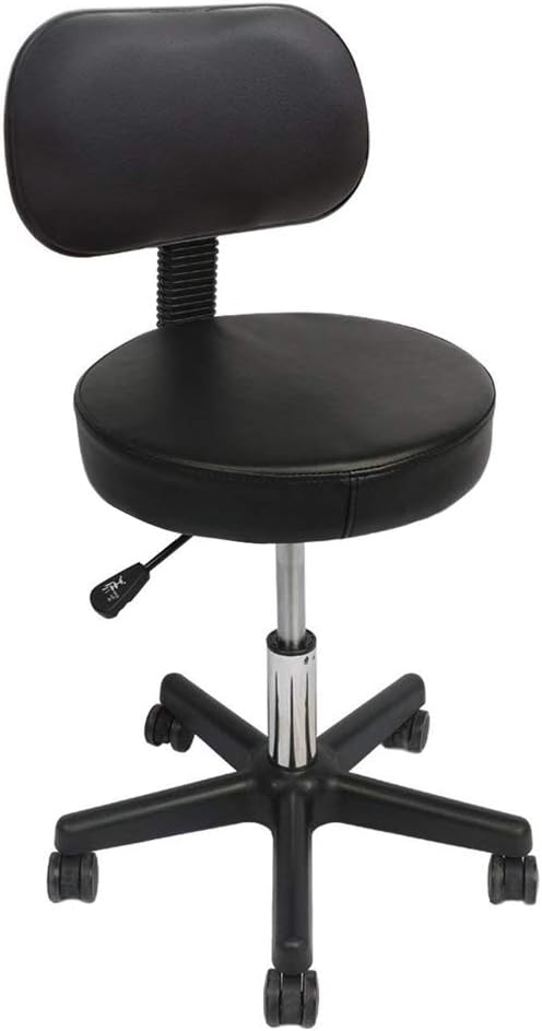 Round Drafting Stool – Swivel Leather Rolling Chair- Adjustable Height with Back, Thick Seat Cushion for Workshop, Spa, Massage, Hair Salon (Black)