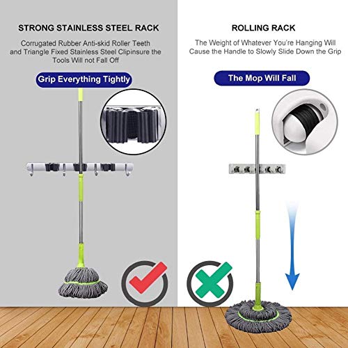 VIAV 2 Pack Mop Holder Wall Mounted, Stainless Steel Broom Hanger with 3 Position 4 Hooks, Garage Tools Organizer Rack Storage for Kitchen Bathroom Garden