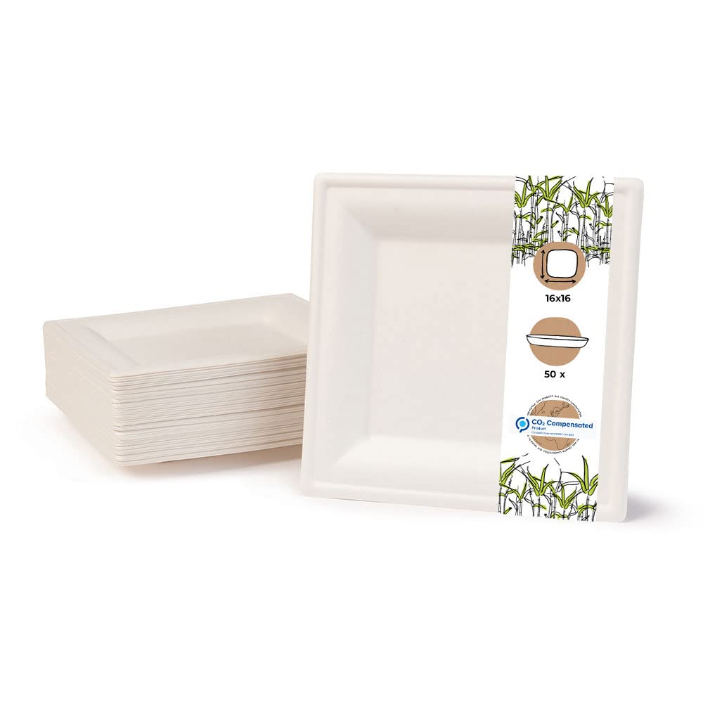 BIOZOYG Environmentally Friendly Disposable Bagasse cockery Set | 50 Pieces whitely Bleached Square Sugar Cane Plate of 16x16 cm. Bio Disposable Bowls, Disposable Party Plates and Bowls