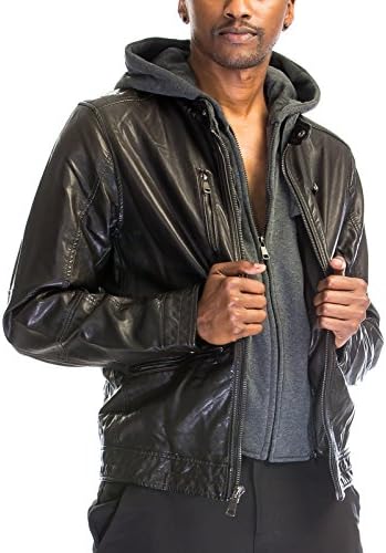 Dual Layered Zip Up Hoodie Faux Leather Two Front Pockets Winter Jacket Hoodies