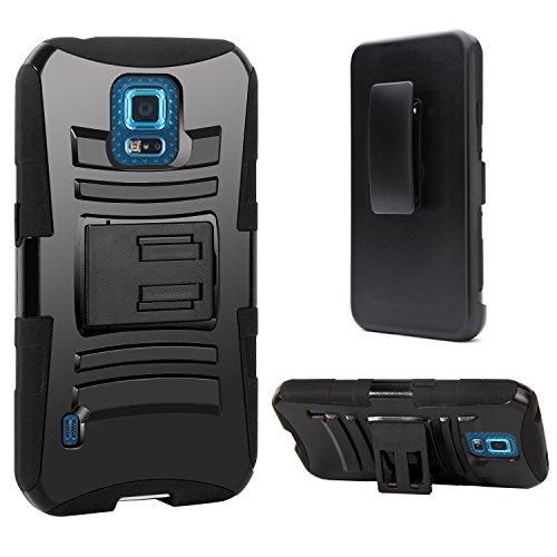 Galaxy S5 Sport Case, S5 Sport Holster Case (Sprint) By E LV - Full Body Hybrid Armor Protection for Samsung Galaxy S5 Sport with Backstand and Belt Swivel Clip with 1 Black Stylus - Black