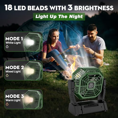 Multper Camping Fan with LED Light, Rechargeable for Outdoor Camping Tent with Hook and Remote, Powerful 4 Speed USB Desk Fan for Fishing, Power Outage, Picnic
