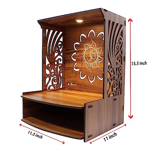 Heartily® Laabh Beautiful Wooden Pooja Stand for Home and Office - Mandir/Temple With LED Spot Light (H- 15.5, L- 11.5, W-11 Inch)